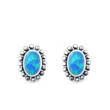 Flower Oval Shape Stud Earrings Lab Created Blue Opal 925 Sterling Silver (9mm)